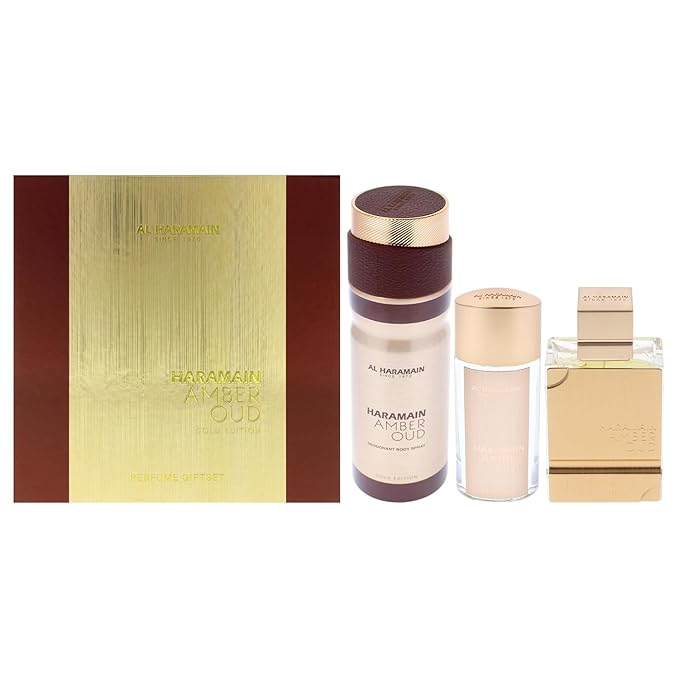 Al Haramain Amber Oud Gold Edition 3 Pc Gift Set for Unisex - Luxury Cologne & Perfume for Men & Women - 2.5 oz EDP Spray, 1 oz EDP Spray, 6.6 oz Body Spray - Arabian & Arabic Long Lasting Fragrance