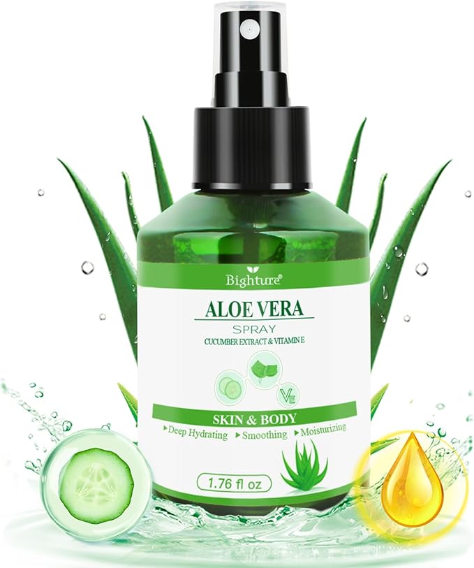 Aloe Vera Spray for Whole Body Skin, Aoe Vera Spray Extract from Freshly Cut Aloe and Infused wirh Cucumber Essence,Fast Absorbing, Easy to Use, Travel Set, 1.73 oz