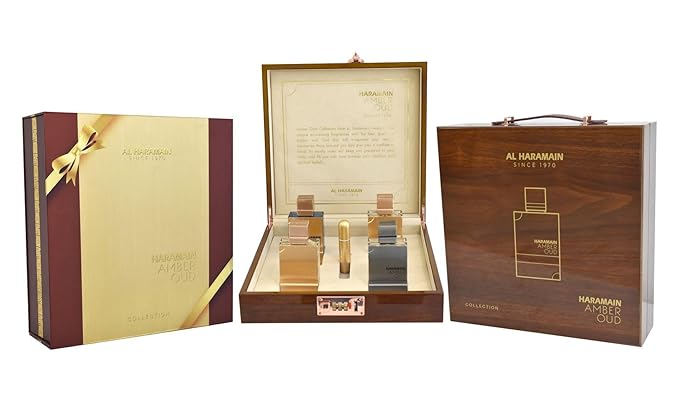 Al Haramain Amber Oud Collection - Gold, Blue, White, Carbon - 4 x 60ml (2.0 oz) EDP Spray - Luxury Unisex Cologne & Perfume Gift Set for Men & Women - Long-Lasting Arabian Fragrance (Bundle)