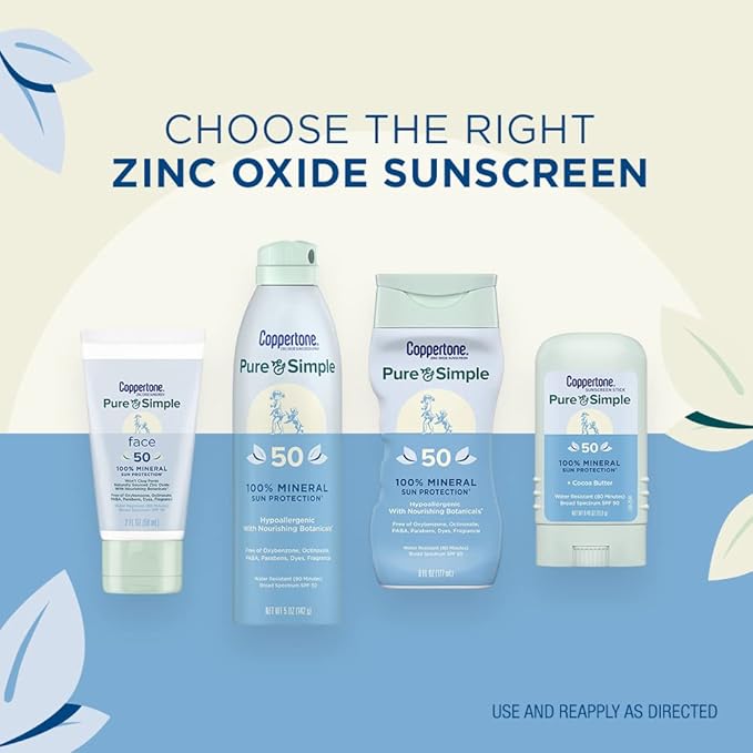 Coppertone Pure and Simple Zinc Oxide Mineral Sunscreen Spray SPF 50, Water Resistant, Broad Spectrum SPF 50 Sunscreen for Sensitive Skin, 5 Oz Spray