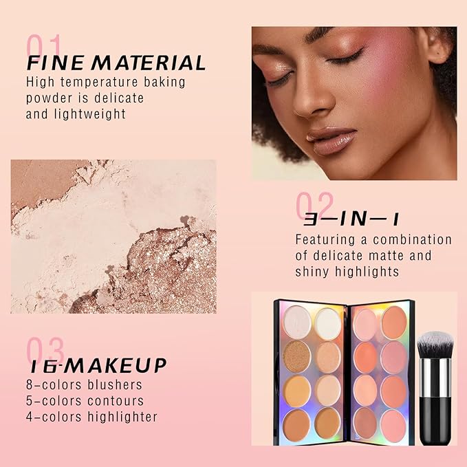 16 Colors Blush Contour Highlighter Makeup Palette, All-in-One