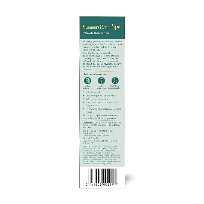 Summer's Eve Spa Daily Intimate Beauty, Luxurious Skin Serum, Post Shave Fragrance Free Women’s Hydrating Serum, 1oz Tube