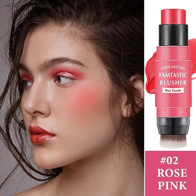 Cream Blush Stick,Blush Stick for Cheeks with Contour Rose Pink)