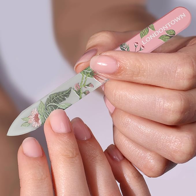 LONDONTOWN Safara Double-Sided Glass Nail File & Care Tool, Professional Grit Etched Crystal Manicure Accessory with Case Pouch