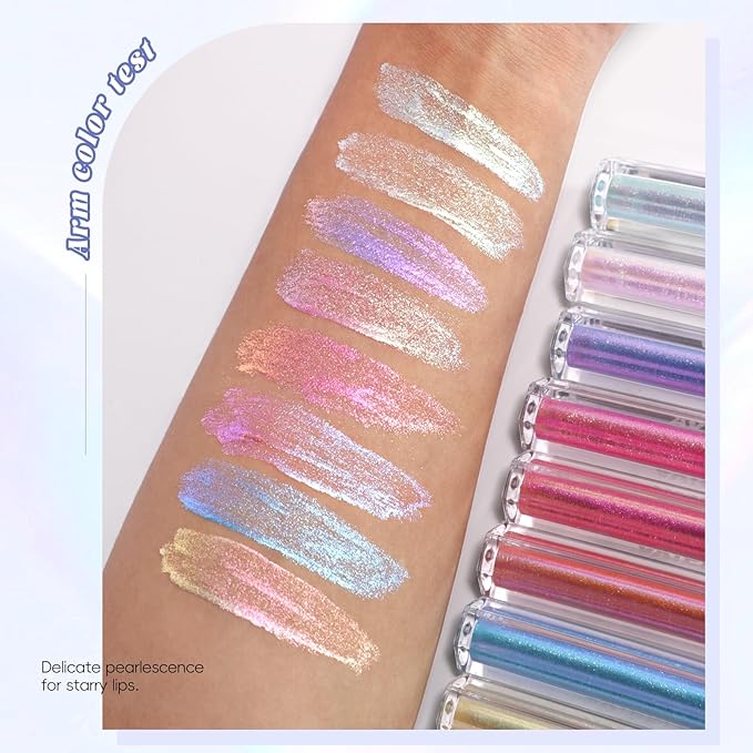 Hot Pink Glitter Lip Gloss Liquid Lipstick, Diamond Shimmer Metallic Sparkly Iridescent Chameleon Lip Gloss Gift for Women, Long Lasting Waterproof Highly Pigment Holographic Lip Makeup05