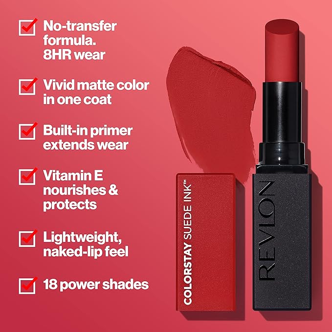REVLON Lipstick, ColorStay Suede Ink, Built-in Primer, Infused with Vitamin E, Waterproof, Smudge-proof, Matte Color, 005 Hot Girl, 0.09 oz.