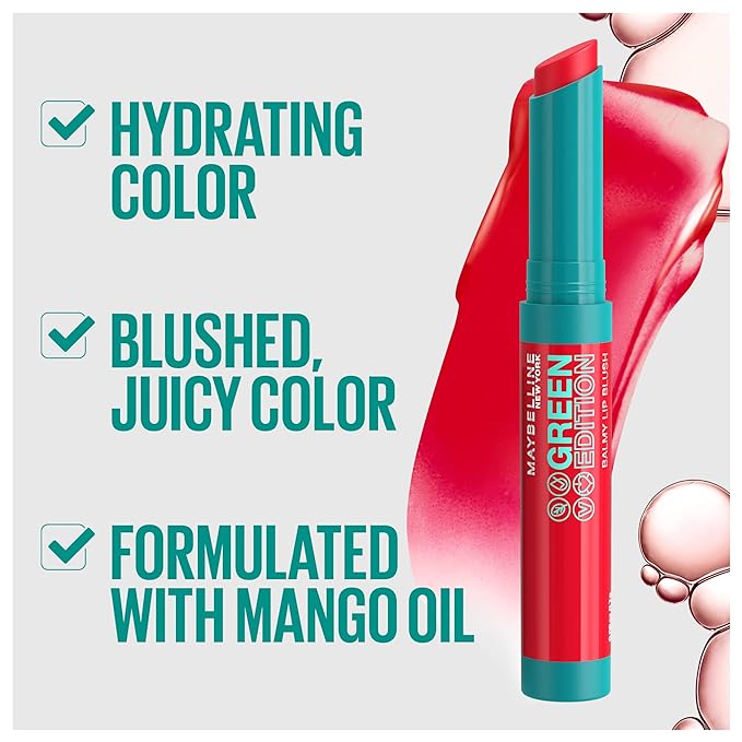 Maybelline Green Edition Balmy Lip Blush, Formulated With Mango Oil, Flare, Red Pink, 1 Count