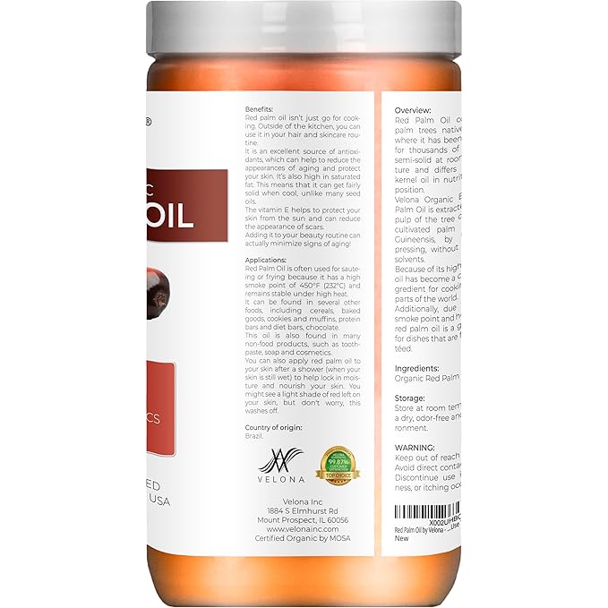 velona USDA Certified Organic Red Palm Oil 32 Fl Oz | Food and Cosmetic Grade | in jar | Extra Virgin, Cold Pressed | Skin, Face, Body, Hair Care | Use Today - Enjoy Results
