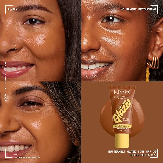 NYX PROFESSIONAL MAKEUP Buttermelt Glaze Soft Glow Skin Tint + SPF 30, Up To 12HR Wear, 07 Toffee Butta
