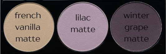 Off White, Matte Light Lavender, and Matte Deep Purple Vegan Eyeshadow Trio Palette; Talc, Paraben & Cruelty Free