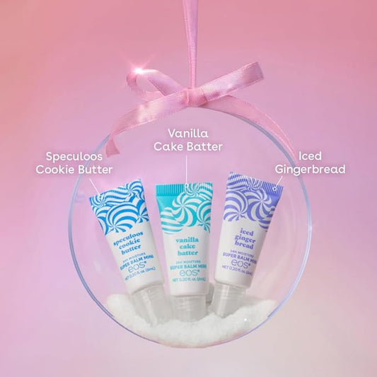 eos Holiday 24H Moisture Mini Super Balm Set- Speculoos Cookie Butter, Iced Gingerbread, Vanilla Cake Batter, Limited-Edition Lip Care, Stocking Stuffers, 0.20 fl oz, 3-Pack