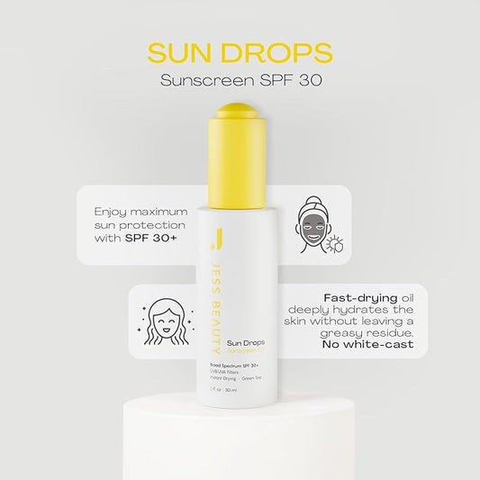 JESS BEAUTY | Face Sunscreen Sun Drops SPF 30 Skin Care Oil with Camellia Sinensis & Squalane | Skincare Fast Drying 1 fl. oz