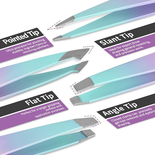 TsMADDTs 7PCS Tweezers for Women Facial Hair, Precision Tweezer Set for Eyebrows with Curved Scissor and Eyebrow Razor for Ingrown Hair