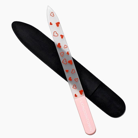 LONDONTOWN Hearts Double-Sided Glass Nail File & Care Tool, Professional Grit Etched Crystal Manicure Accessory with Case Pouch