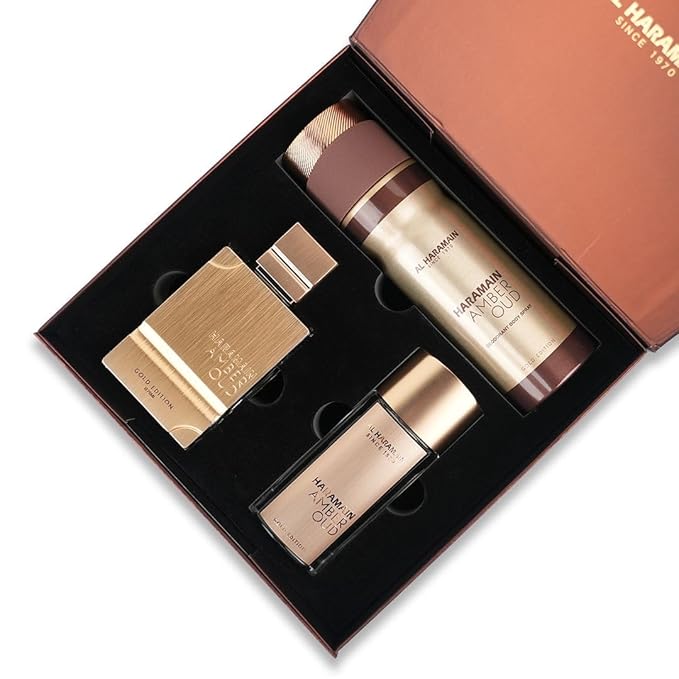 Al Haramain Amber Oud Gold Edition 3 Pc Gift Set for Unisex - Luxury Cologne & Perfume for Men & Women - 2.5 oz EDP Spray, 1 oz EDP Spray, 6.6 oz Body Spray - Arabian & Arabic Long Lasting Fragrance