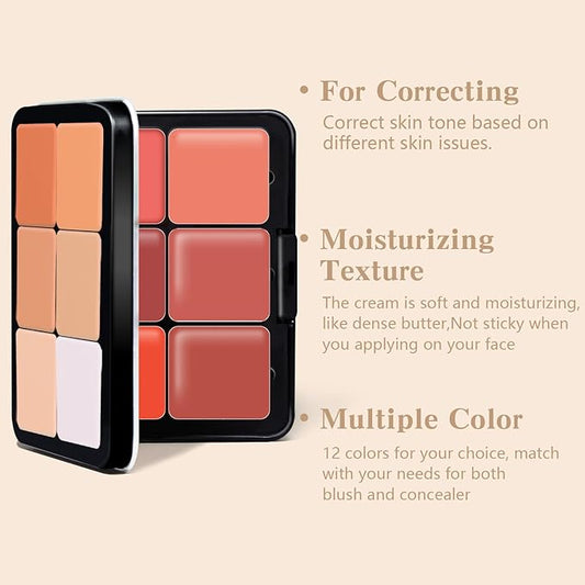 12 Colors Cream Blush Palette, Color Correcting Concealer