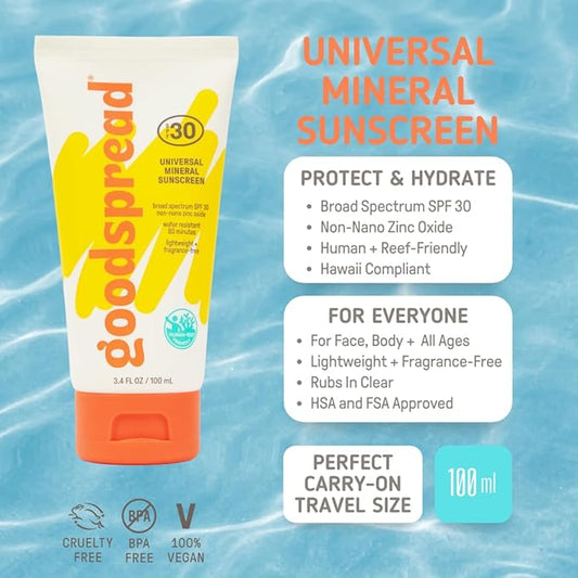New! Goodspread Universal Mineral Sunscreen SPF 30 with Zinc Oxide | Reef Safe Hawaii Act 104 Compliant | Broad Spectrum Body + Face Lotion | Hydrating + Rubs in Clear | Vegan + Cruelty Free (2-pack)