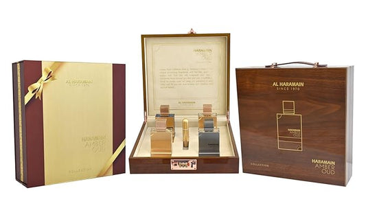 Al Haramain Amber Oud Collection - Gold, Blue, White, Carbon - 4 x 60ml (2.0 oz) EDP Spray - Luxury Unisex Cologne & Perfume Gift Set for Men & Women - Long-Lasting Arabian Fragrance (Bundle)