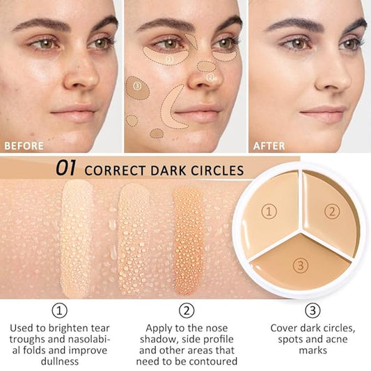 Kaely 3Pcs Tri Color Concealer Pot,Color Correcting Concealer de ojeras,01+02+03