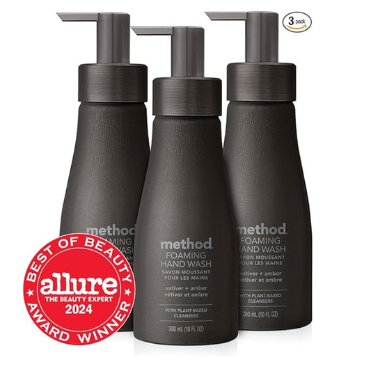 Method Premium Foaming Hand Wash, Vetiver + Amber, Reusable Black Aluminum Bottle, Biodegradable Formula, 10 fl oz (Pack of 3)