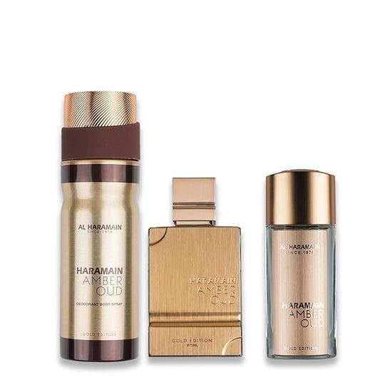 Al Haramain Amber Oud Gold Edition 3 Pc Gift Set for Unisex - Luxury Cologne & Perfume for Men & Women - 2.5 oz EDP Spray, 1 oz EDP Spray, 6.6 oz Body Spray - Arabian & Arabic Long Lasting Fragrance