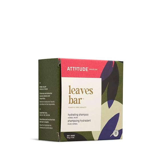 ATTITUDE Hydrating Shampoo Bar, Natural Origin, Ideal for Dry, Damaged Hair, Castor Oil, EWG Verified & Clean ingredients, Vegan, Herbal Musk, 4 Oz