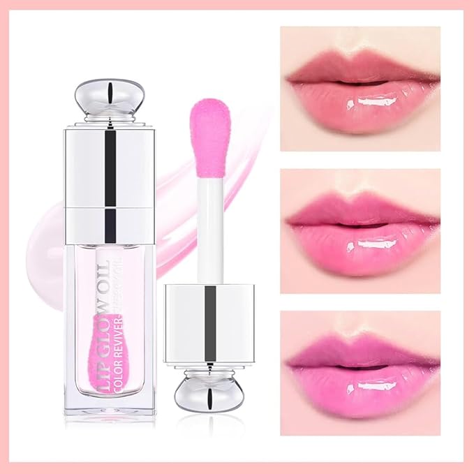 Hydrating Lip Glow Oil, Lip Oil Gloss Transparent Toot Tinted Nourishing Long Lasting Repairing Lightening Lip Lines (STRAWBERRY) 0.2 OZ