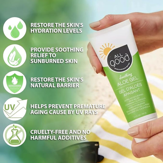All Good Aloe Vera Gel | After Sun Lotion, Sunburn, Skin Repair | Moisturizing Organic Aloe for Skin Relief | Hydrating Hyaluronic Acid, Niacinamide (Vitamin B-3) Non GMO, Vegan | 3.7 oz (2-Pack)