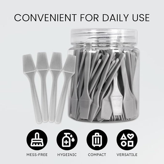 PANA 100pcs Brand Cosmetic Make Up Disposable Plastic 2.5" Spatulas Skin Care Facial Cream Mask Spatula (100 Pieces in a Container) (GRAY)