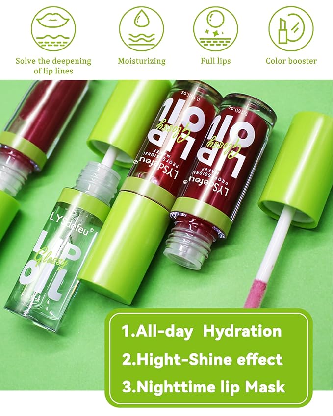 Hydrating Lip Glow Oil Kit-4 Colors Lip Oil Lip Glaze,Tinted Lipgloss Clear Pink Red Glow Reviver Tint Lip Oil Lip Stain, Non-sticky Lipstain Lip Gloss,Mother's Day Makeup Gift Kit for Women-Set C
