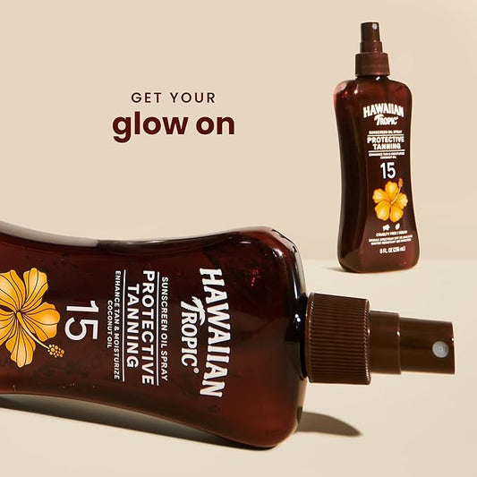 Hawaiian Tropic Protective Tanning Oil Spray Sunscreen SPF 15, 8oz | Tanning Sunscreen, Tanning Oil with SPF, Moisturizing Body Oil, Hawaiian Tropic Oil, Oxybenzone Free Outdoor Tanning Oil, 8oz