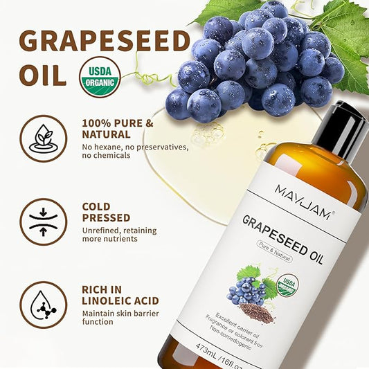Organic Grapeseed Oil 16Oz: 100% Pure&Natural ColdPressed Carrier Oil USDA Certified Grape Seed Extract HexaneFree Unscent Liquid Moisturizer,Massage Body Face Oil for Women&Men Face Skin&Hair