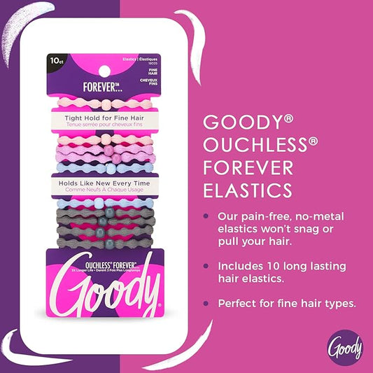 Goody Ouchless Forever Hair Elastics, 10 Ct, Assorted Colors, Damage-Free Bands, 3X Stronger Elastic Ties, Retainable Shape, 16 Strand Inner Core, Styling Accessories for Women & Men, All Hair Types