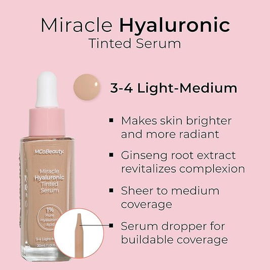 MCoBeauty Miracle Hyaluronic Tinted Serum, 3-ight/Medium, Hydration & Free Cosmetics 4 L