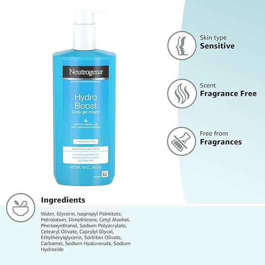 Neutrogena Hydro Boost Body Moisturizing Gel Cream with Hyaluronic Acid, Non-Greasy & Fast Absorbing, Lightweight Hydrating Body Lotion for Normal to Dry Skin, Fragrance-Free, 16 oz (Pack of 2)