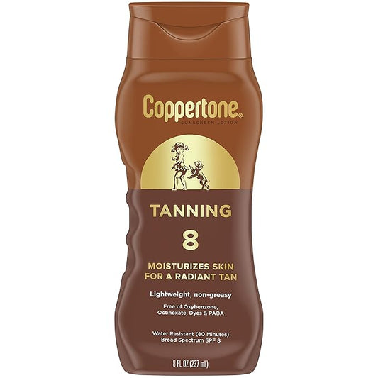 Coppertone Tanning Sunscreen Lotion, Water Resistant Body Sunscreen SPF 8, Broad Spectrum SPF 8 Sunscreen Pack, 8 Fl Oz Bottle, Pack of 2