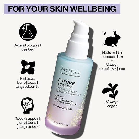 Pacifica Peptide Face Moisturizer Future Youth Daily Turnaround Hydrating, SPF 50 Broad Spectrum, UVA/UVB Sun Protection, Sunscreen, Face Moisturizer, Anti-Aging, Vegan, 1.7 fl oz (1 Count)
