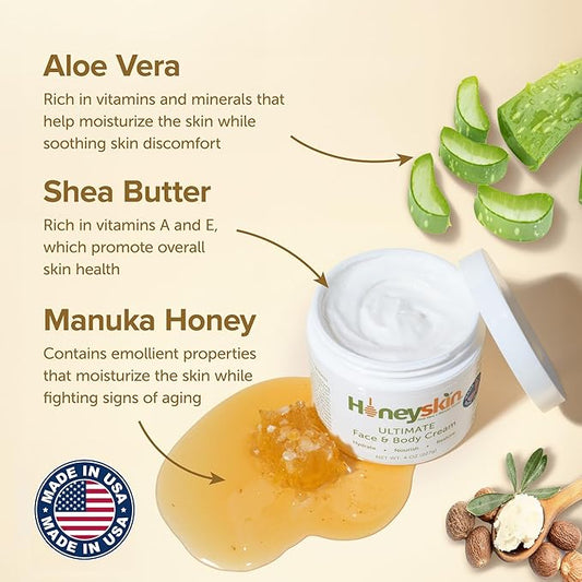 Hydrating Face Moisturizer & Body Cream with Manuka Honey Cream - Organic Face Moisturizer with Honey for Extremely Dry Skin - for Dry & Itchy Skin, Rosacea & Eczema Prone Skin 8oz