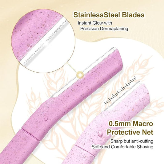 Eco-Friendly Women's Dermaplaning Razor - Multipurpose Exfoliating Tool with Anti-Cut Blades & Biodegradable Handle for Silky Skin & Perfect Brows (Purple-Pink)