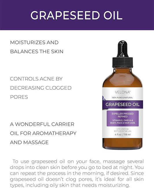 velona Grapeseed Oil 4 fl oz | 100% Pure and Natural Carrier Oil | Refined, Cold pressed | Skin, Face, Body, Hair Care | Use Today - Enjoy Results
