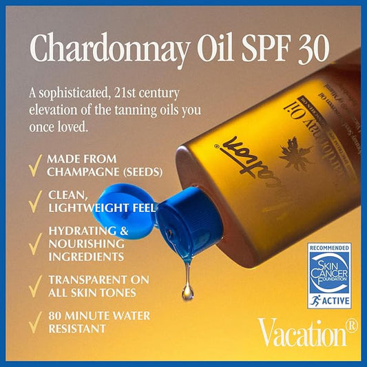 Vacation Chardonnay Oil SPF 30 + Air Freshener Bundle, Vegan Suntan Oil with Broad Spectrum SPF, Oxybenzone + Octinoxate Free Sunscreen Tanning Oil, TSA Friendly, Travel Size, 3.4 fl. Oz.