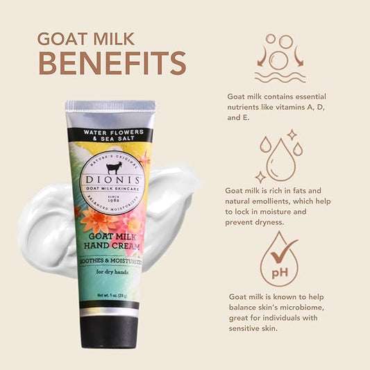 Dionis - Goat Milk Skincare Scented Hand Cream (1 oz) Set of 6, Moisturizing Lotion for Dry Skin, Good for Sensitive Skin, Cruelty-free and Paraben-free (Water Flowers & Sea Salt)