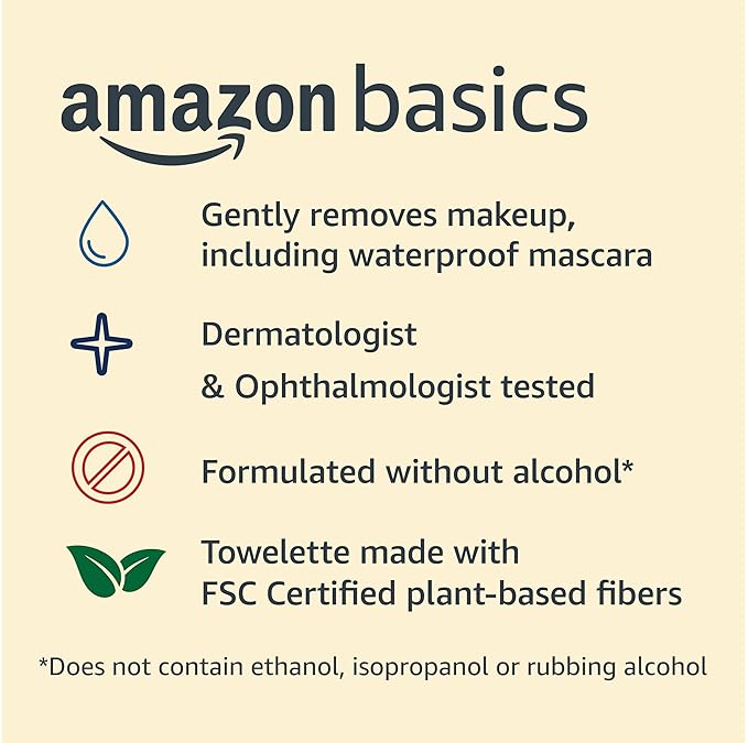Amazon Basics Make Up Remover Wipes, Fragrance Free, 25 Count, Pack of 6 (Previously Solimo)