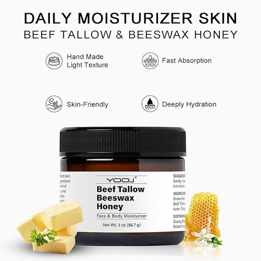 Beef Tallow and Honey Face Moisturizer for Face & Body - Organic Beef Tallow Moisturizer with Tallow and Beeswax & Honey, Beef Tallow for Skin Intensive Hydration - Vitamins(B1, A, D E & K) 2oz