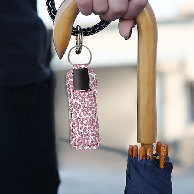 Horeset Pink Leopard Print Chapstick Holder Keychain, Neoprene Girls