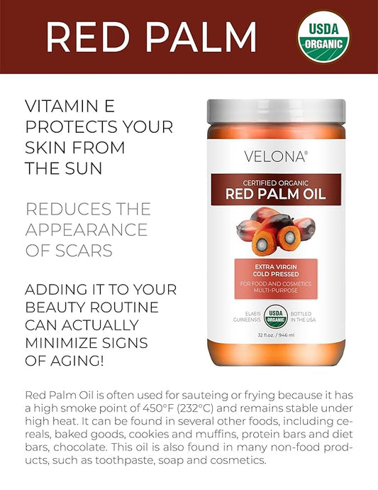 velona USDA Certified Organic Red Palm Oil 64 Fl Oz | Food and Cosmetic Grade | in jar | Extra Virgin, Cold Pressed | Skin, Face, Body, Hair Care | Use Today - Enjoy Results