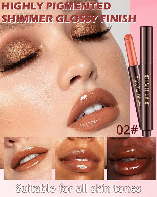 Hydrating Shimmer Lipstick,Moisturizing Jelly Lip Gloss,Nude Brown Lipstick Pen,Long Lasting Waterproof Tint Lip Balm Plumping Lip Stain Pen,Women's Day Makeup Gift for Women Girl-02#