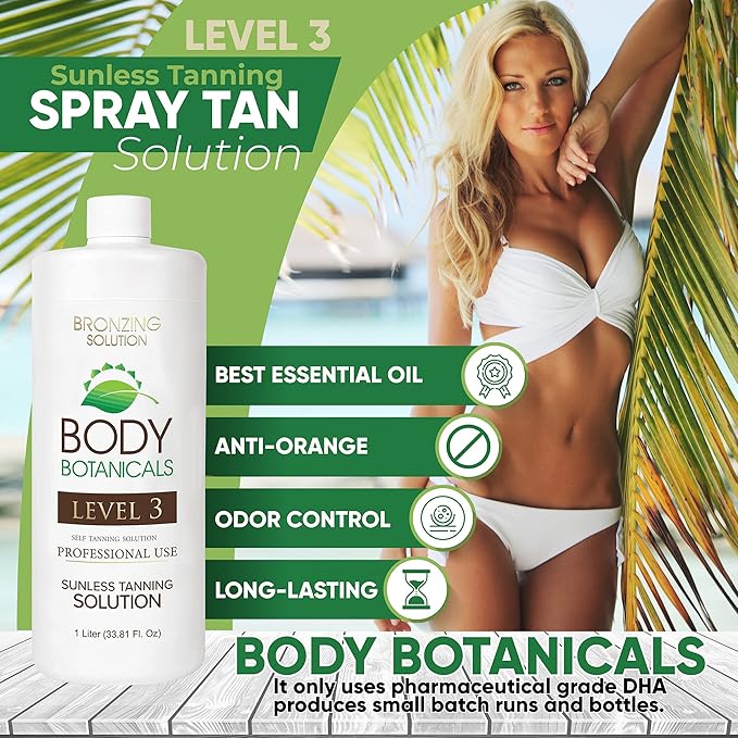 Professional Sunless Tanning Spray Tan Solution, Organic Essential Oils, Airbrush Formula, 33.8 Fl Oz. (Level 3 (12% DHA))