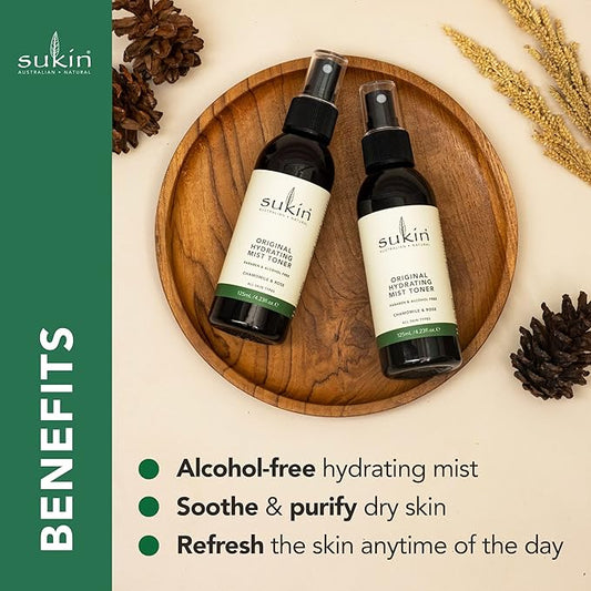 Sukin Organics Hydrating Mist Toner, Rosewater Facial Mist Spray, Refreshing Skin Care Routine for Face & Neck, Suitable for All Skin Types, 4.23 Fl Oz