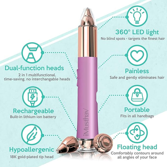 2-in-1 Portable Rechargeable Painless Eyebrow Trimmer & Facial Hair Remover, removes eyebrow, face, lips and body hair for women. 18K gold plated hypoallergenic heads, 360° LED light for Hair Remover